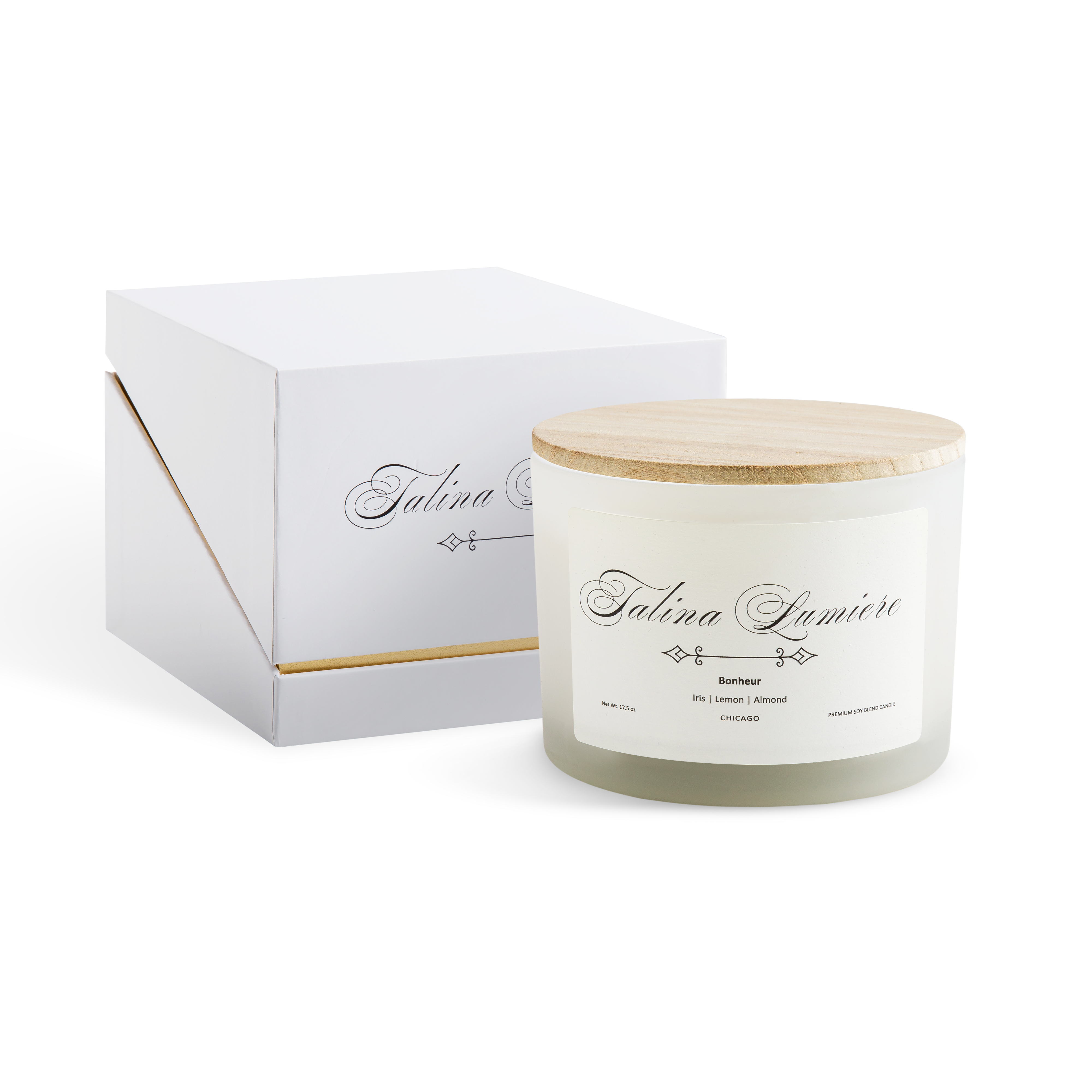 Bonheur candle and box white background